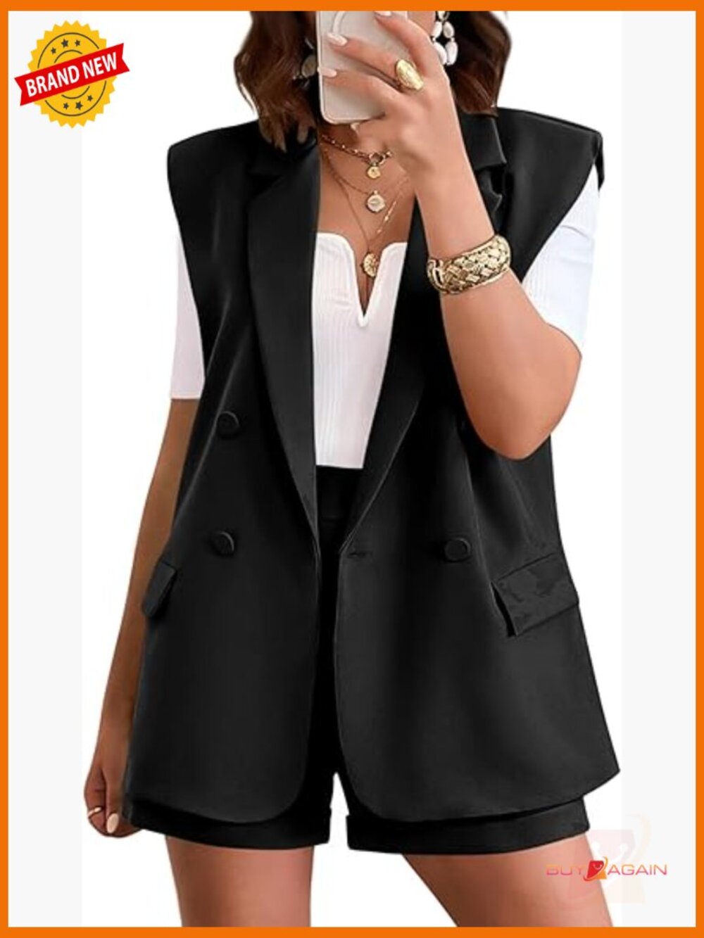 2 Piece Sleeveless Blazer & High Waist Shorts Set Business Casual Suit